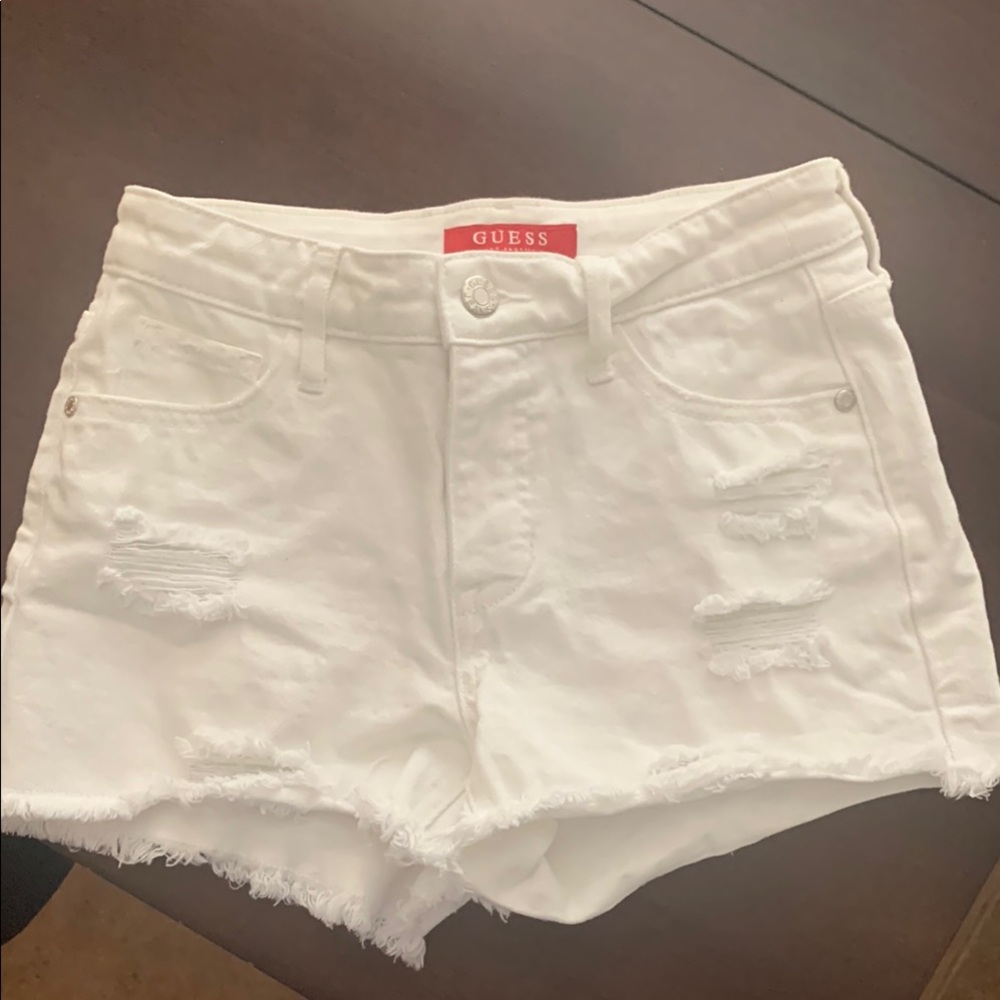 Guess White Jean Shorts with Distressed Hem
